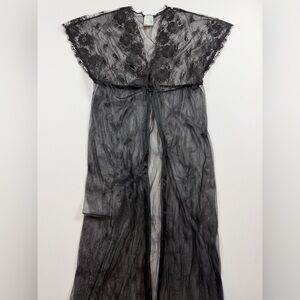 Vintage Black Sheer Lace Nylon Peignoir Robe Lingerie — Made in USA, Union Label